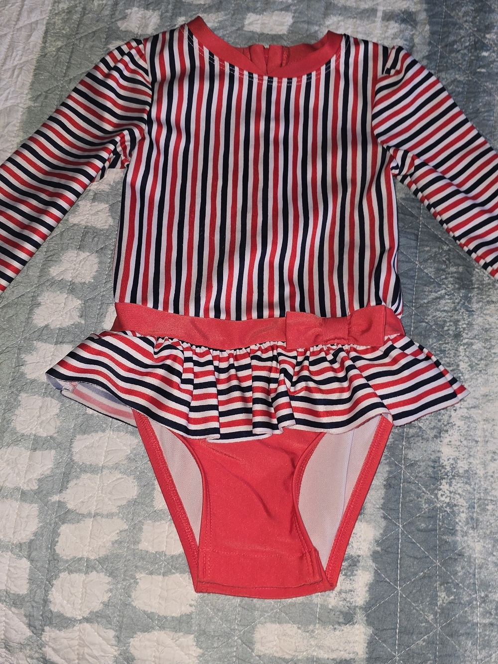 Cat & Jack Red, White & Navy Striped Long-Sleeve One-Piece Swimsuit with Skirt